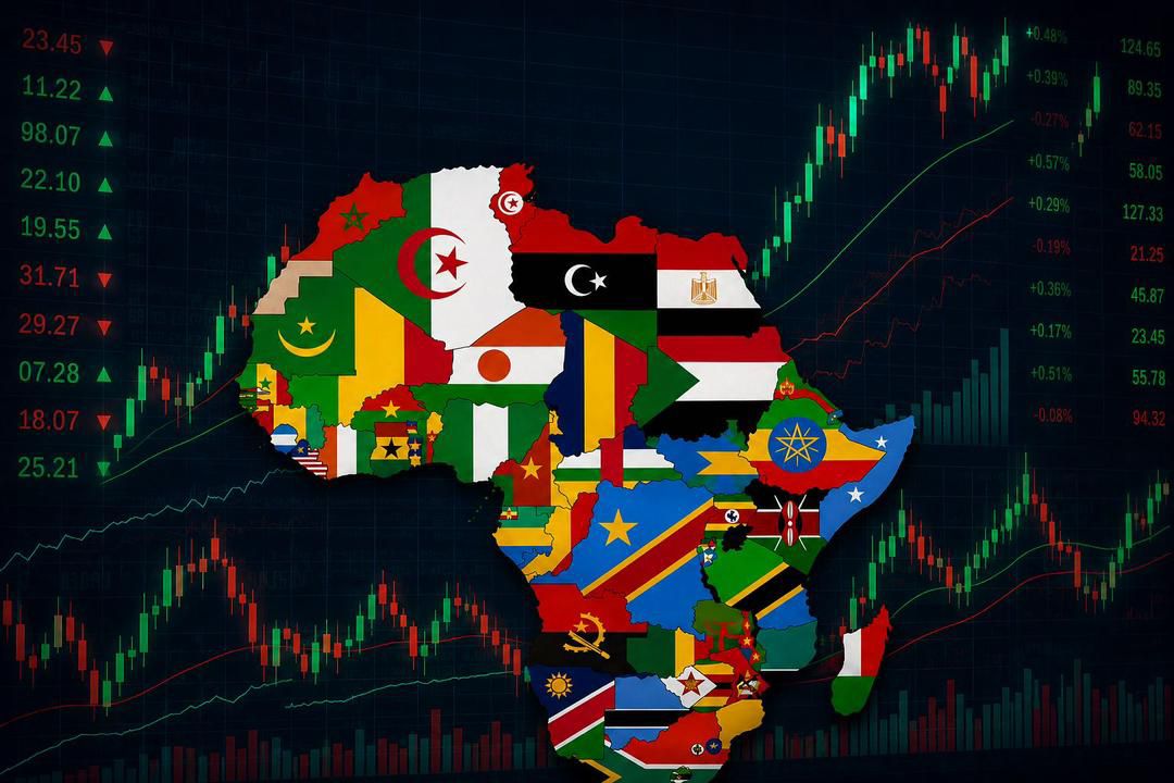 Carte de l'Afrique composée des drapeaux du continent sur fond de marchés financiers